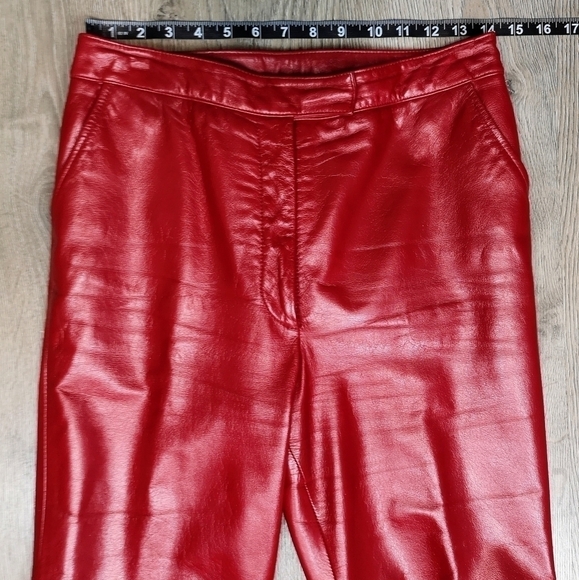 80s Vintage Chili RED High Waist Authentic Waxy Leather Straight Legged Pants - Picture 7 of 16